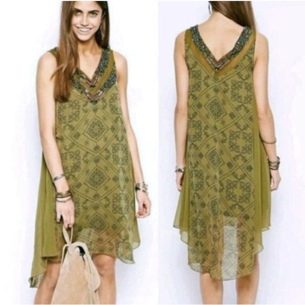 FREE PEOPLE Women’s Ancient Mystery Beaded Green Geo Print Swing Dress - Picture 2 of 8